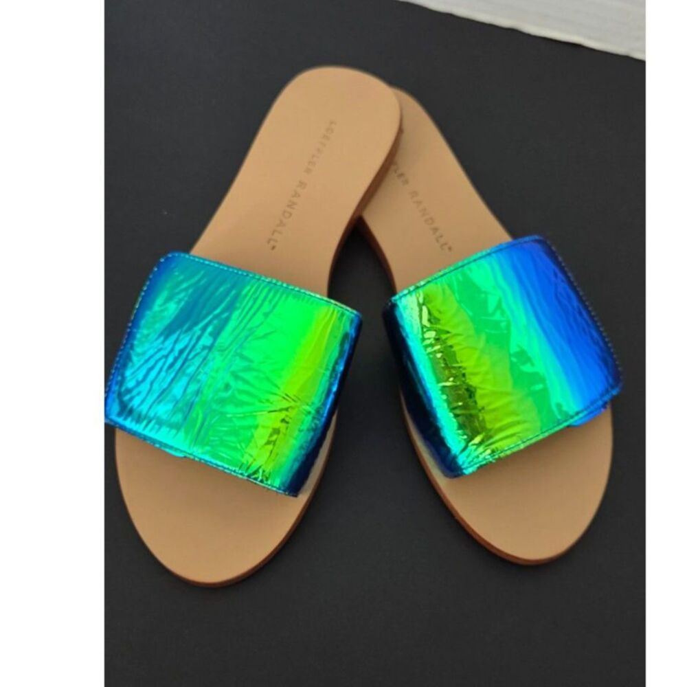 Loeffler Randall Iridescent Metallic Slide Sandals Womens 5 Green Blue Leather